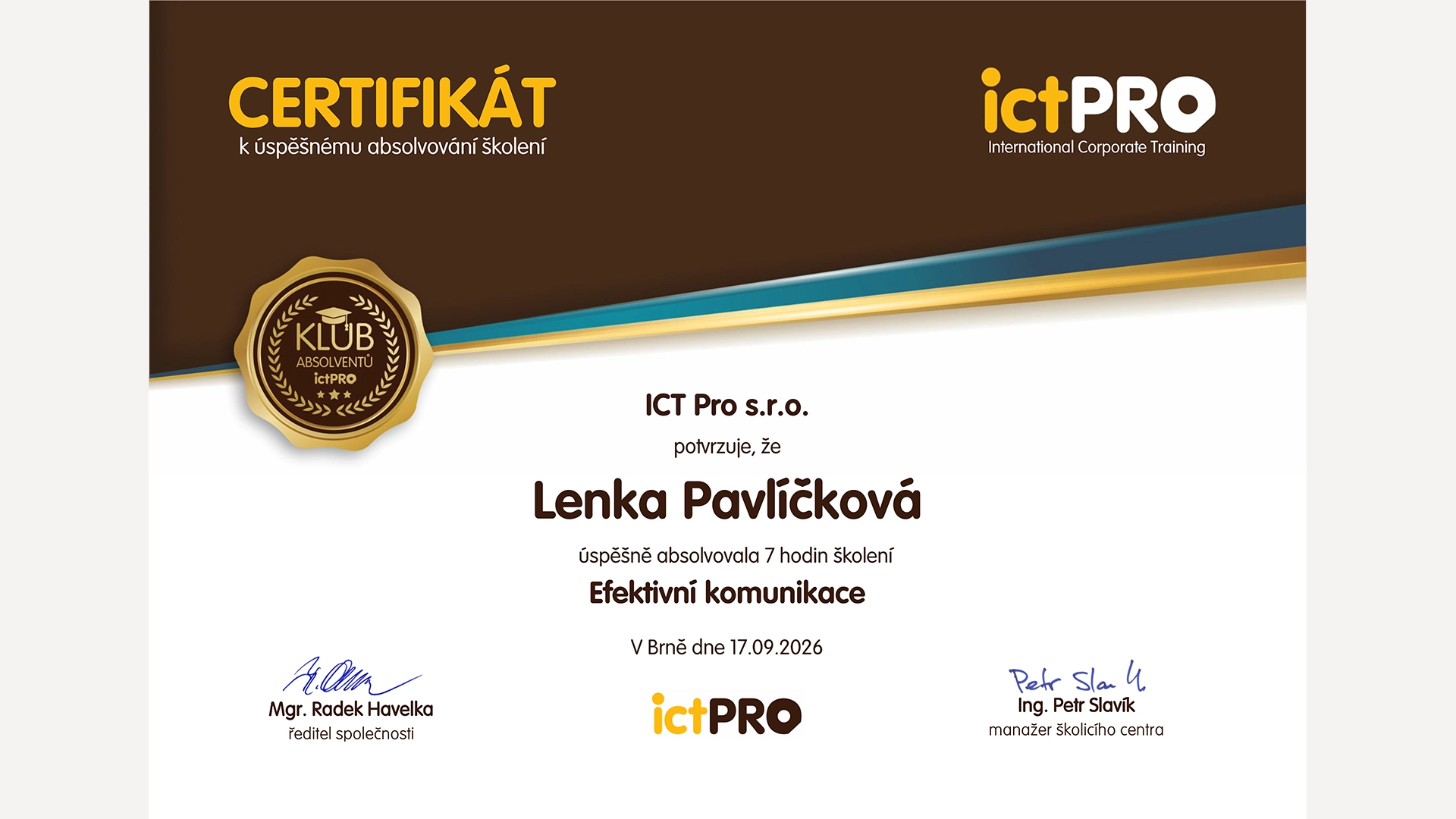 Vzor certifikátu ICT Pro o úspěšném absolvování školení měkkých dovedností se jménem a razítkem.
